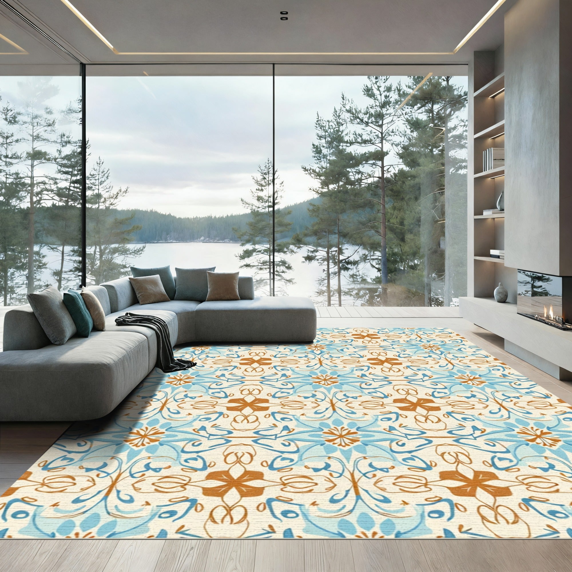 Azure Brown Symmetrical Floral Scroll Rug