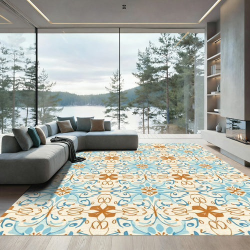 Azure Brown Symmetrical Floral Scroll Rug
