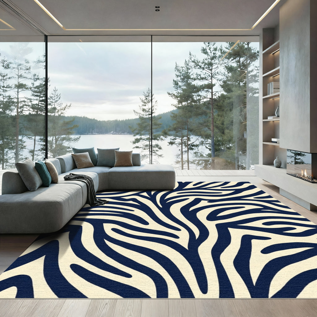 Navy Cream Abstract Zebra Stripes Rug