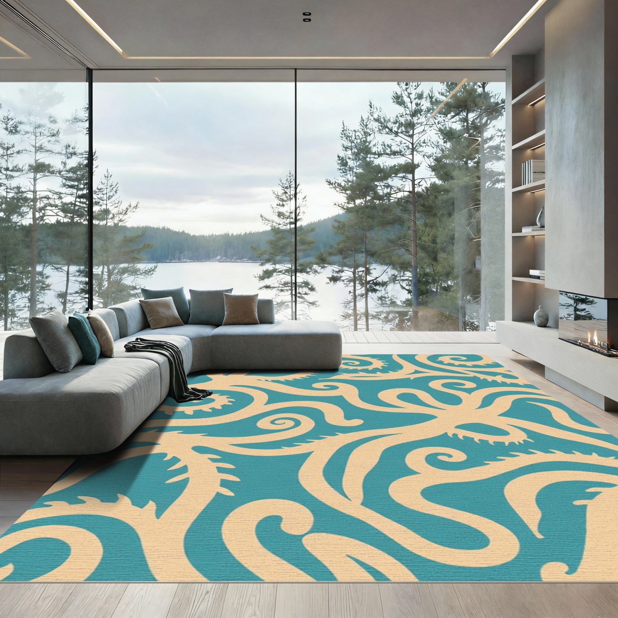 Ivory Teal Swirl Coral Rug