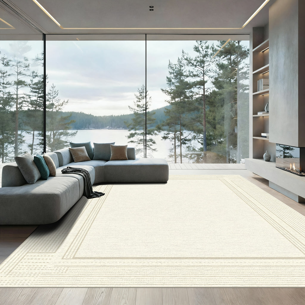 Off White Geometric Line Border Rug