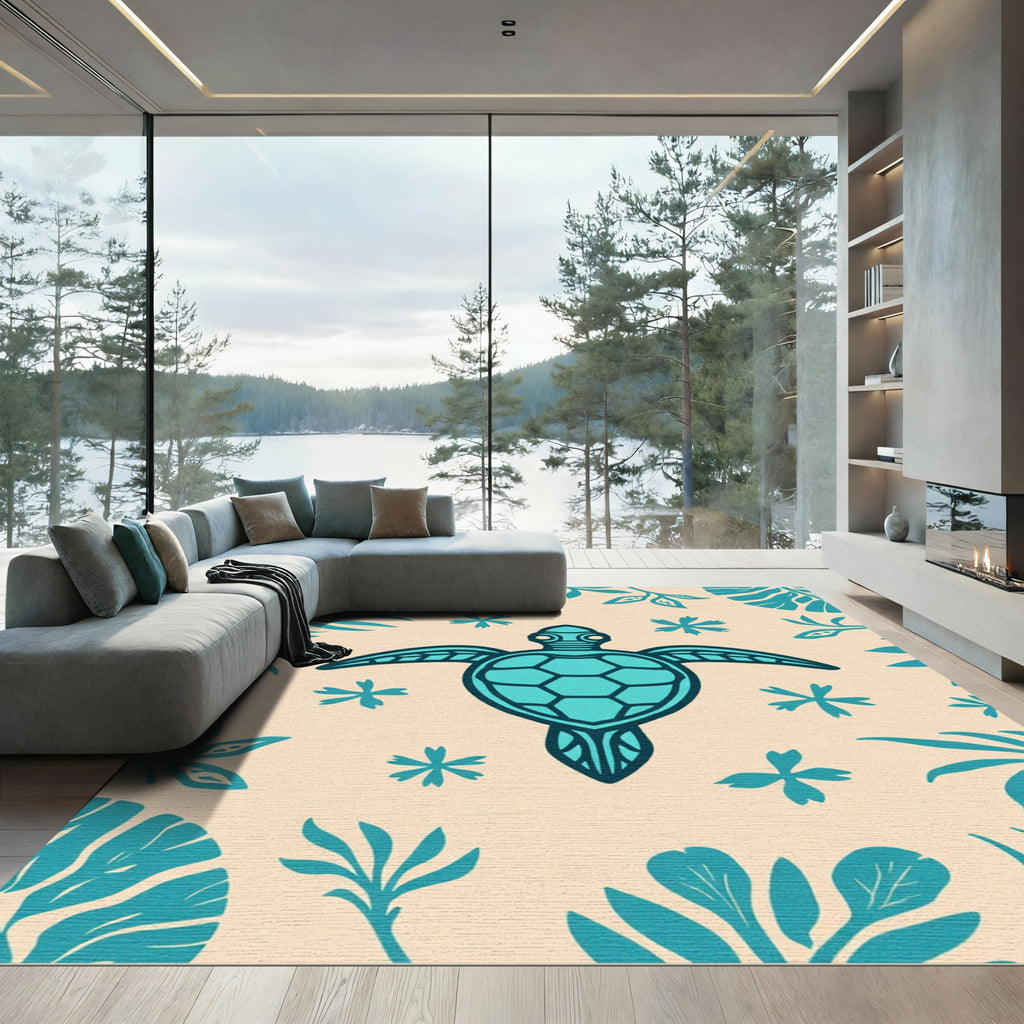 Turquoise Turtle Tropical Foliage Cream Rug