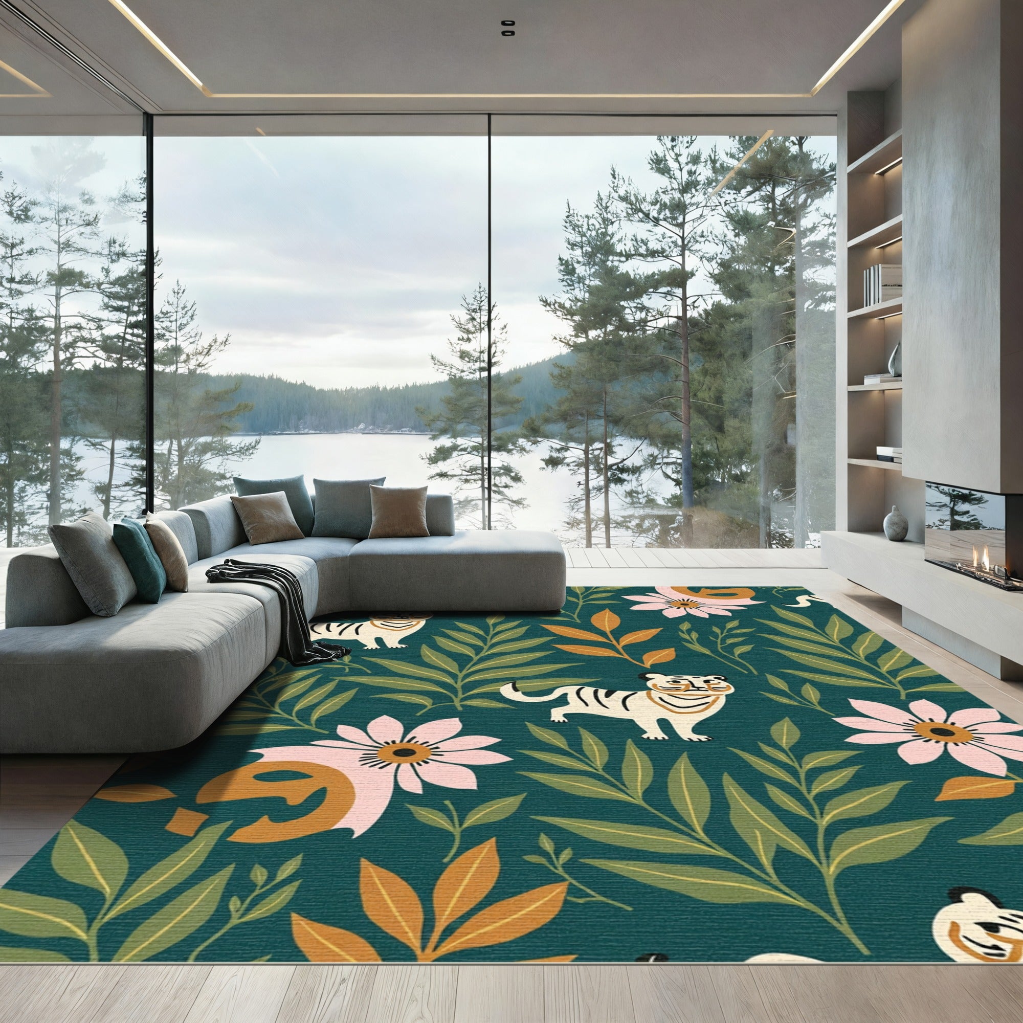 Whimsical Tiger Floral Forest Rug