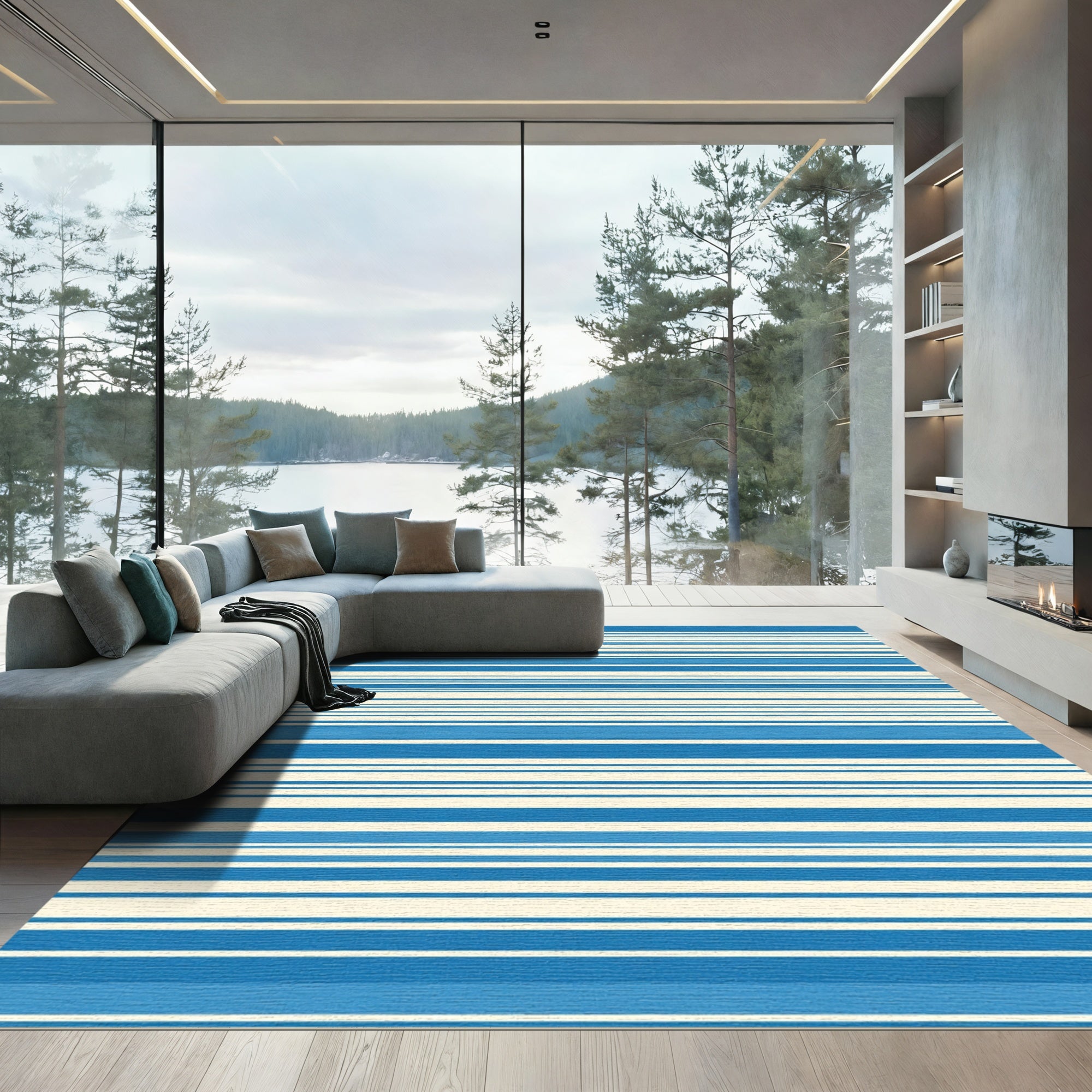 Bold Blue And Cream Stripe Rug