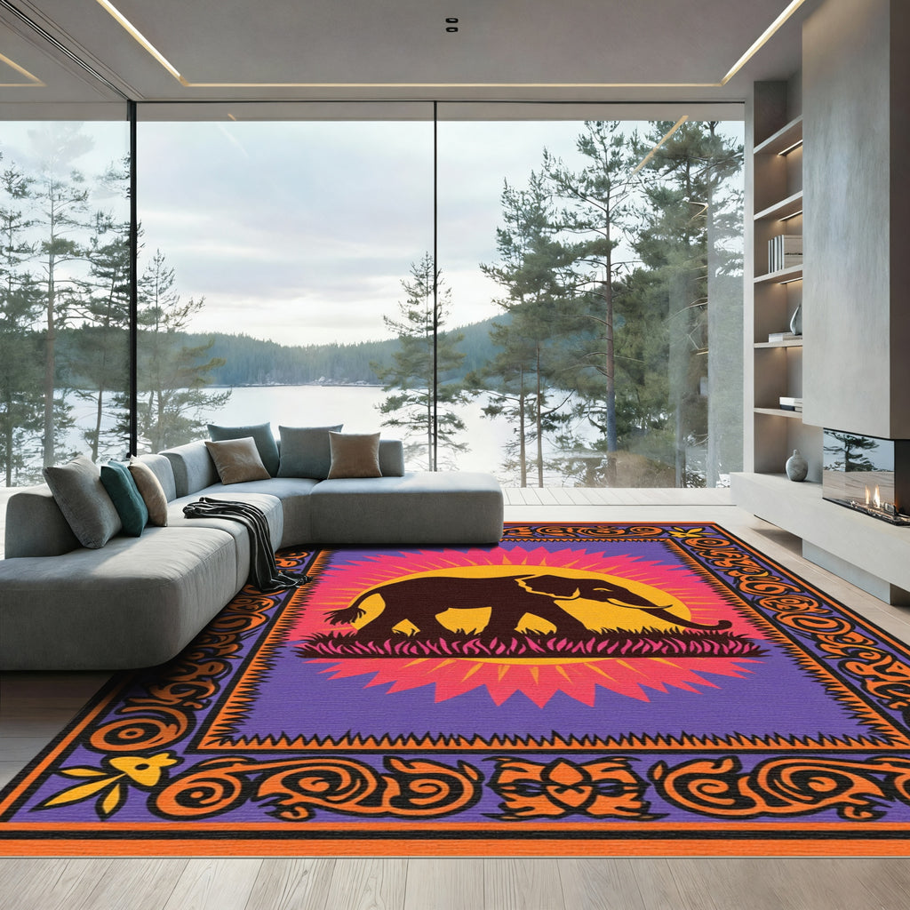 Vibrant Elephant Sun Graphic Border Rug