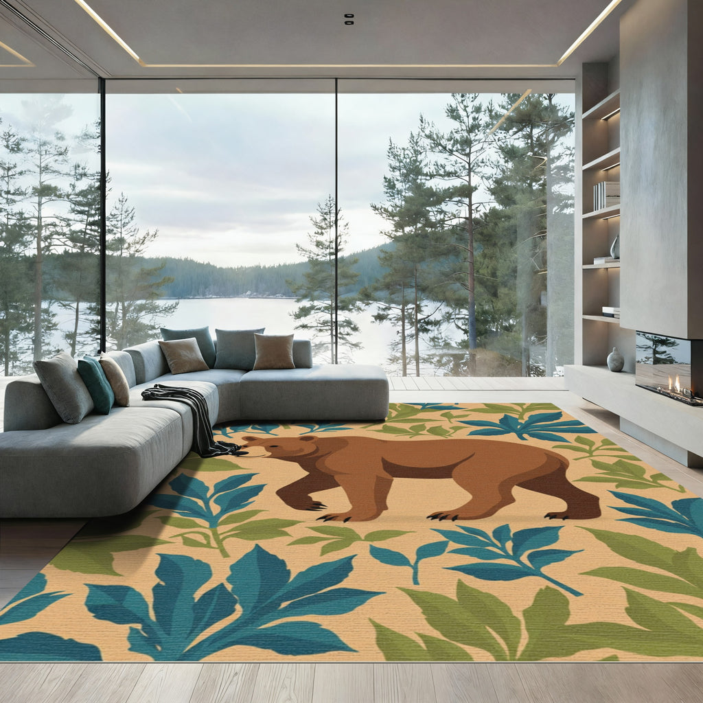 Brown Bear Amidst Green Blue Foliage Rug
