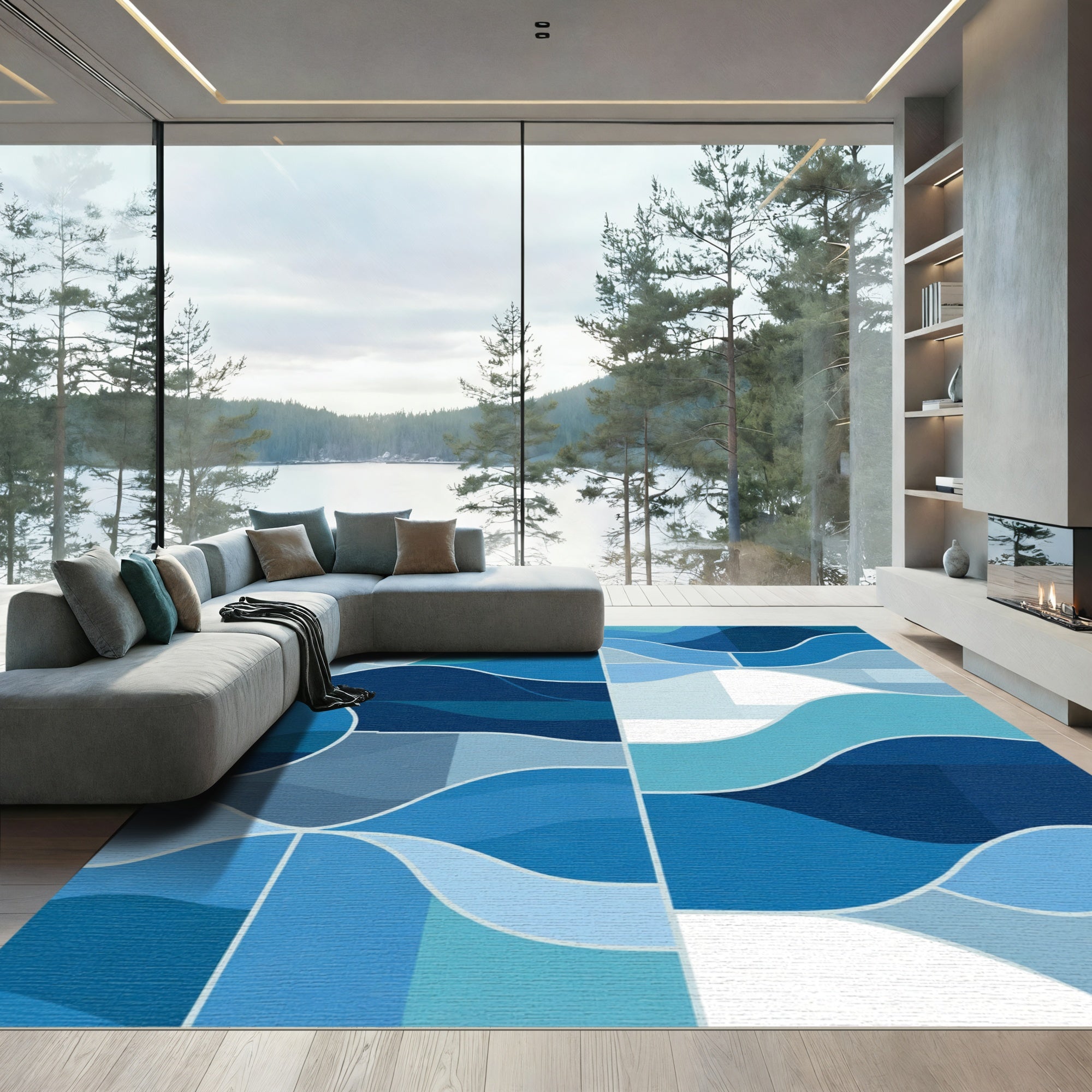 Deep Blue Abstract Flowing Waves Rug
