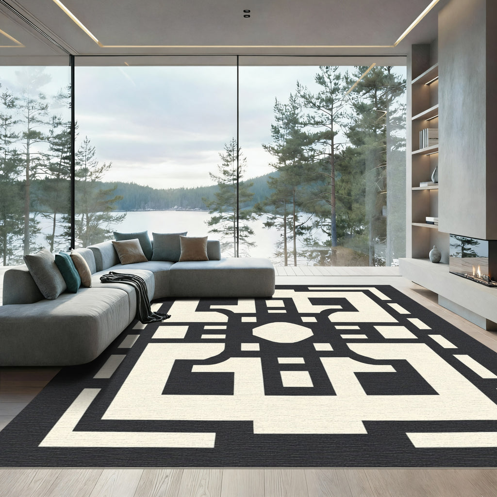 Dark Cream Geometric Maze Rug