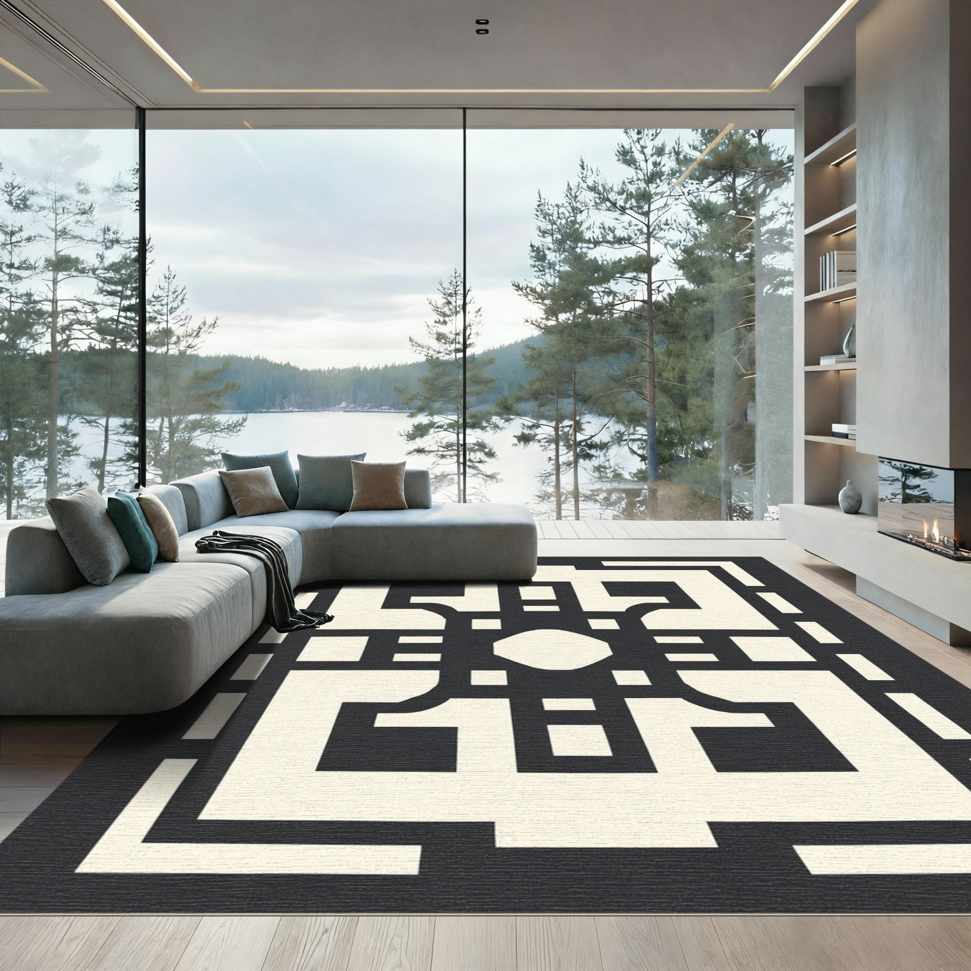 Dark Cream Geometric Maze Rug