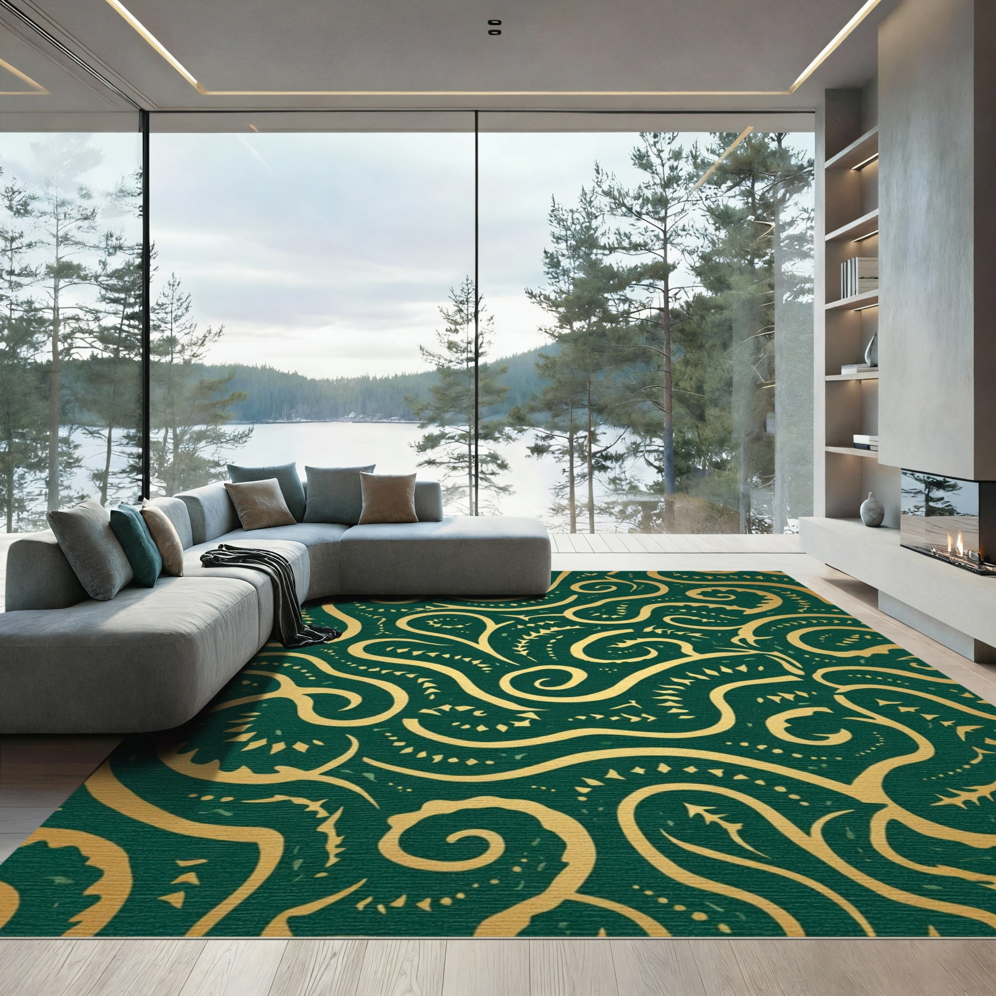 Emerald Gold Swirling Abstraction Rug