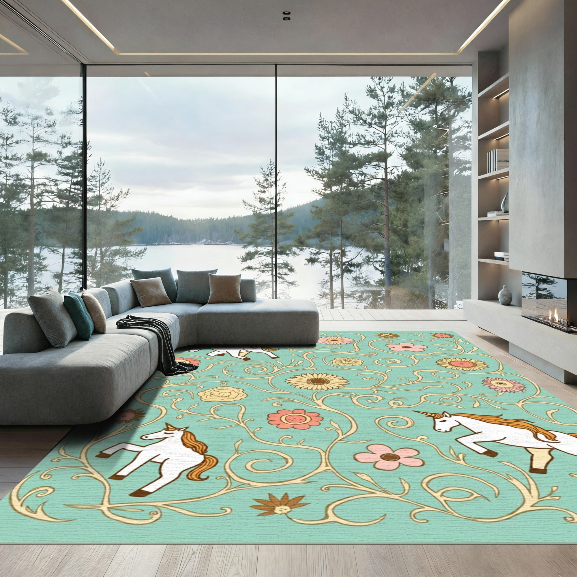 Whimsical Unicorn Floral Swirl Rug