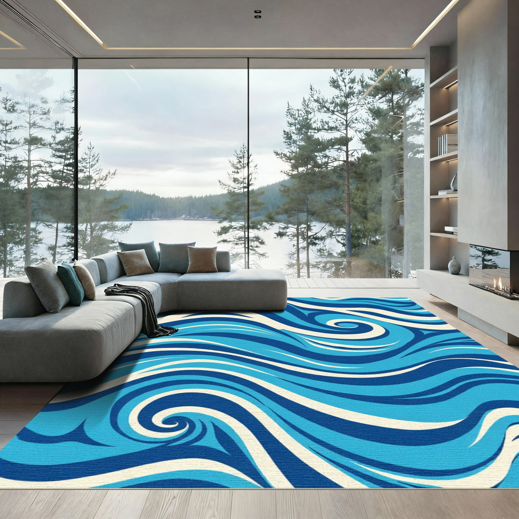 Ocean Blue Swirl Wave Rug