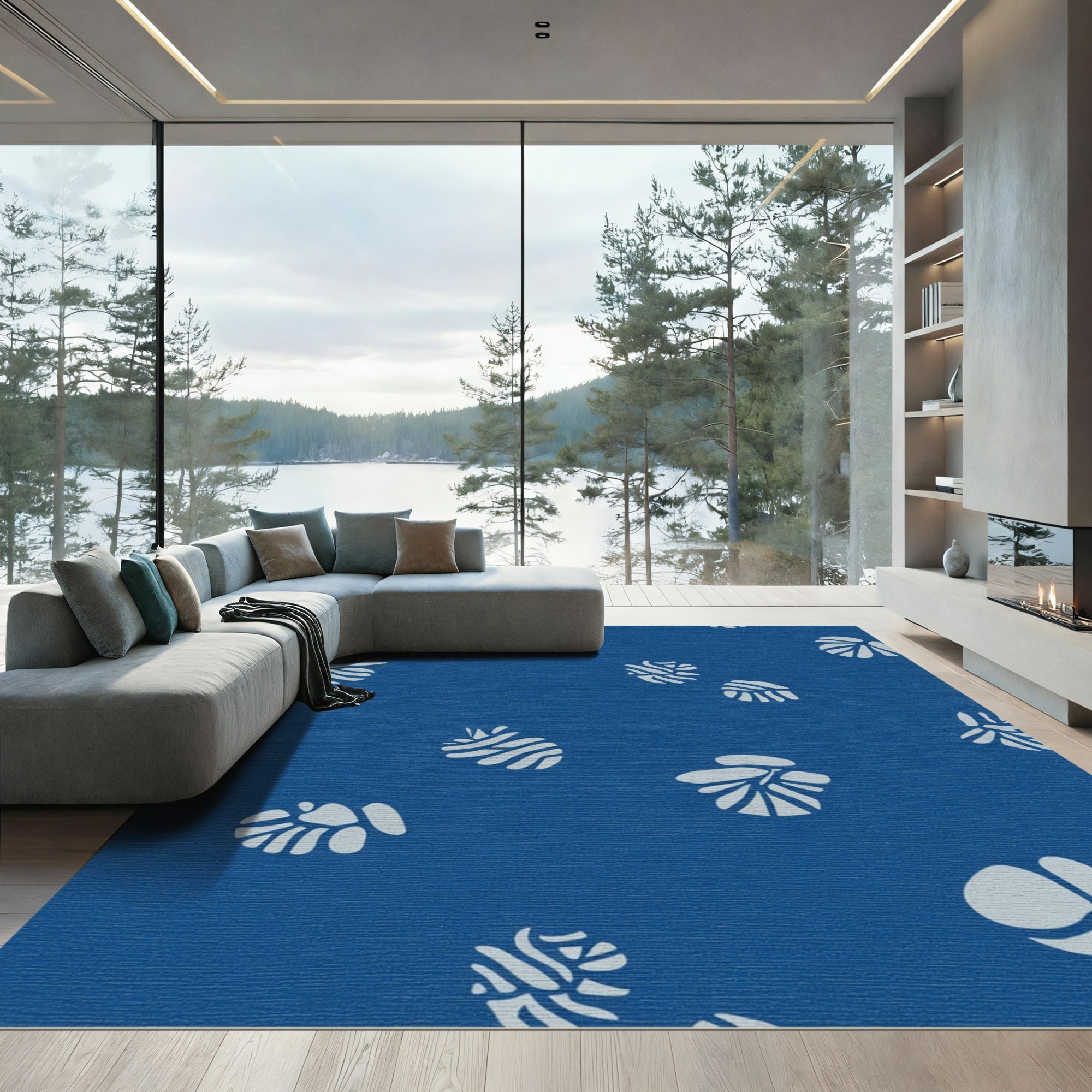 Deep Blue Abstract Tropical Leaves Rug
