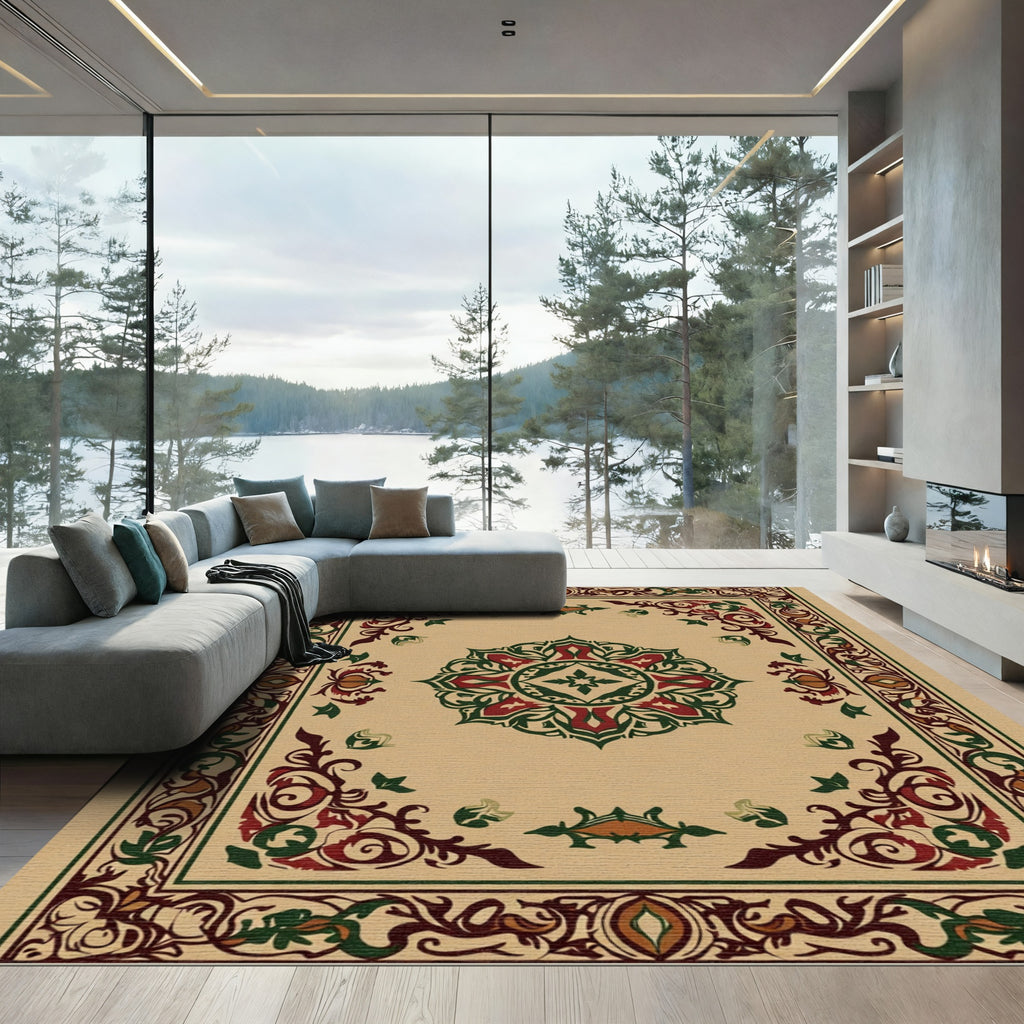 Crimson Green Floral Medallion Border Rug