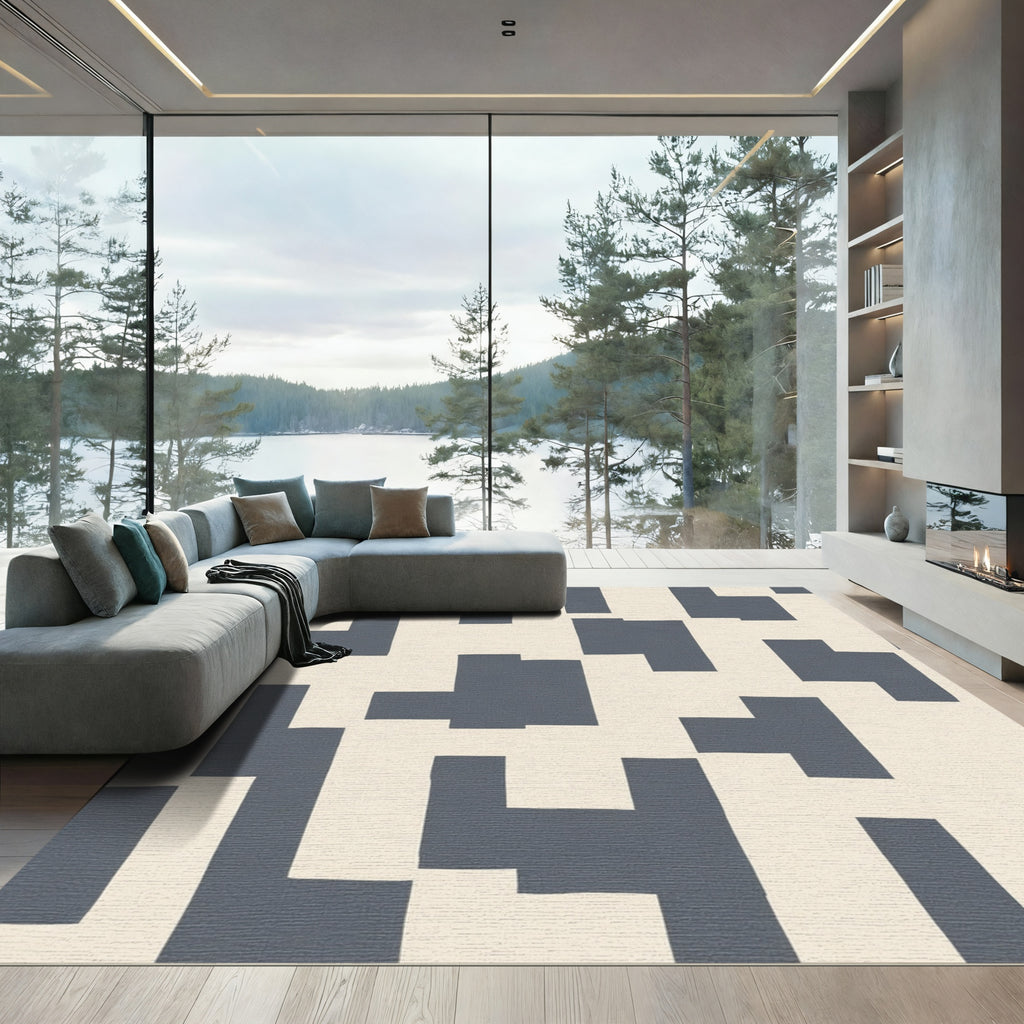 Modern Slate Geometric Block Rug