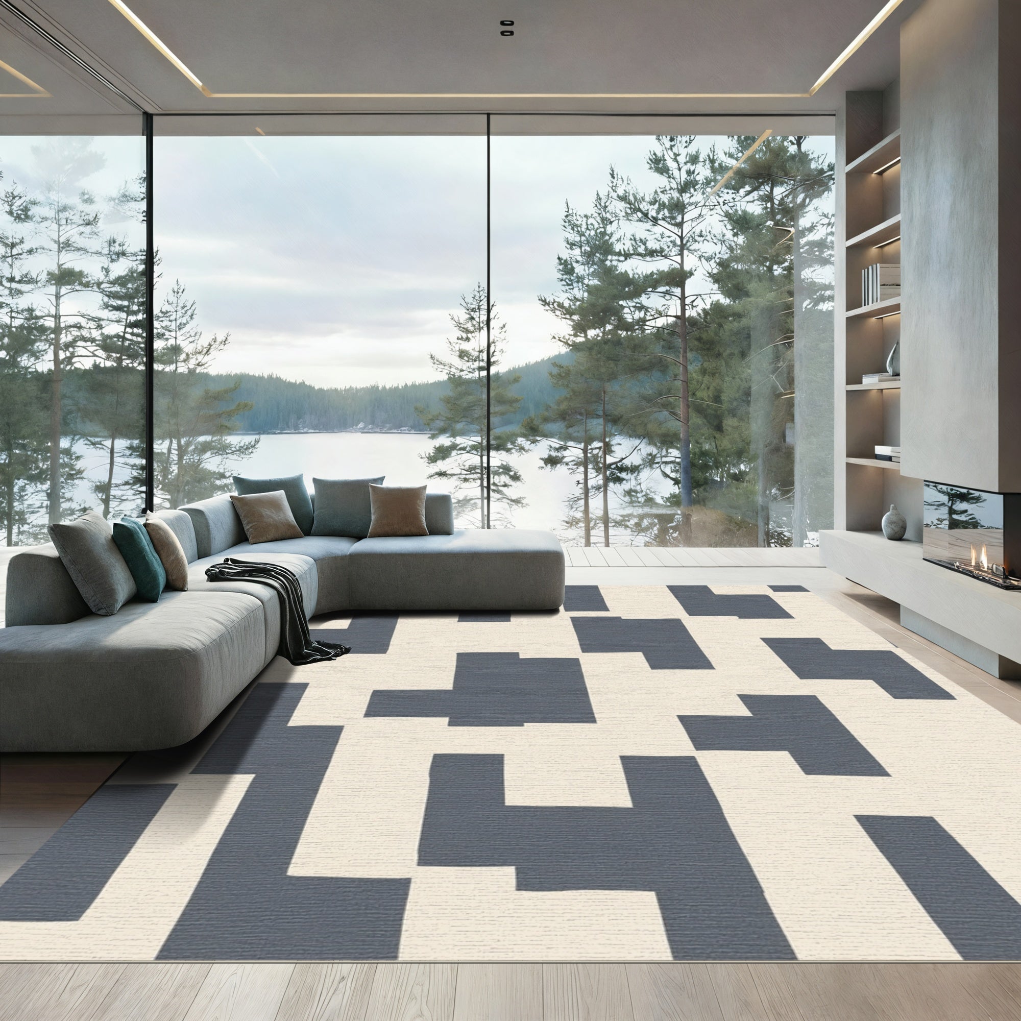 Modern Slate Geometric Block Rug