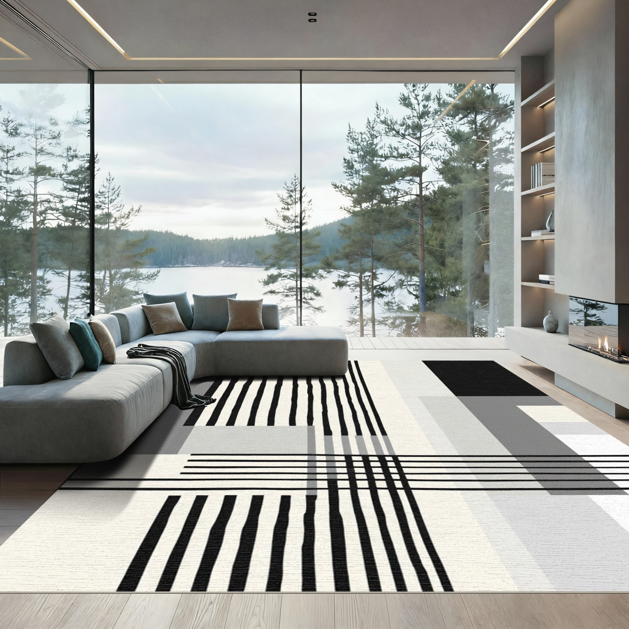 Monochrome Geometric Stripe Overlay Rug