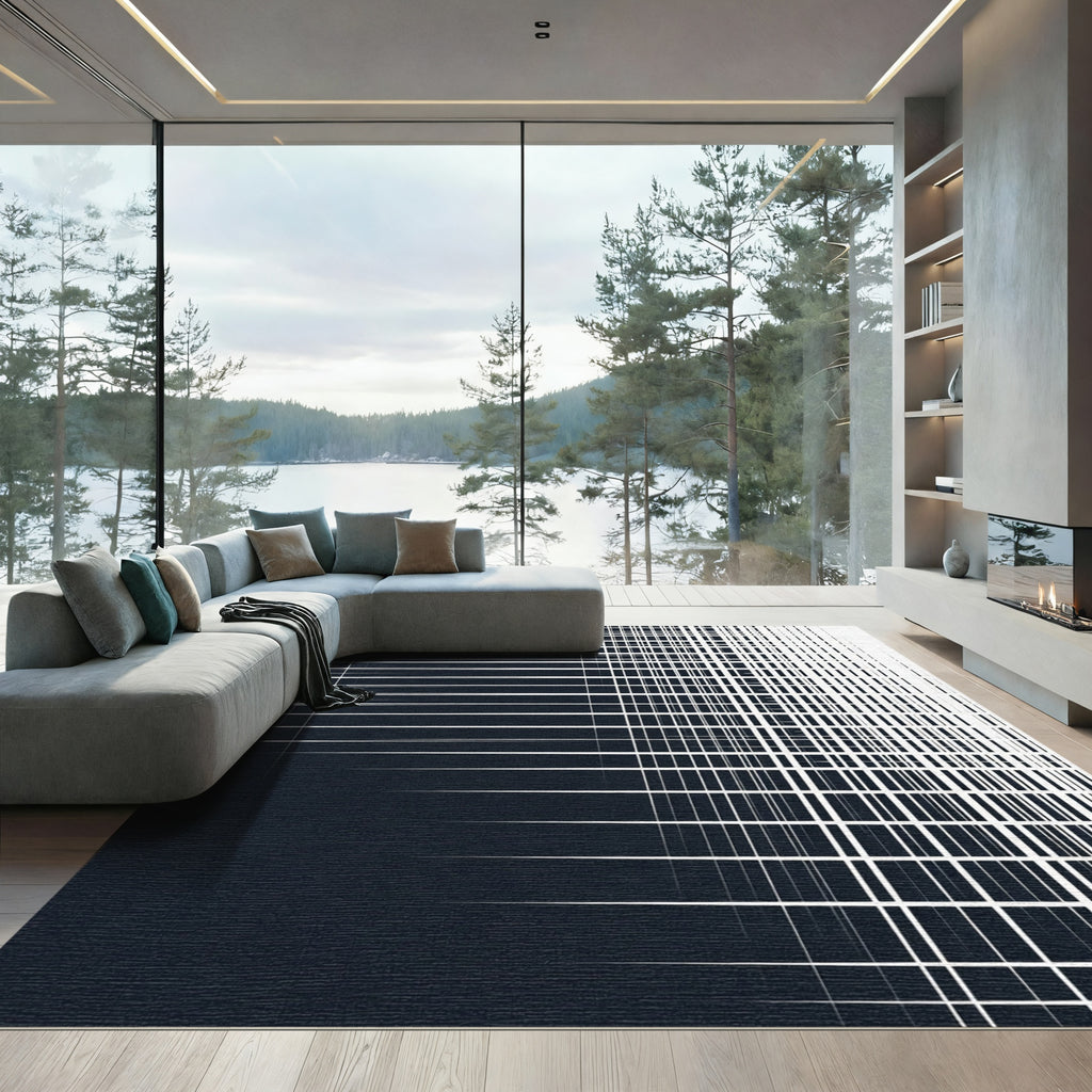 Dark Navy White Geometric Grid Gradation Rug
