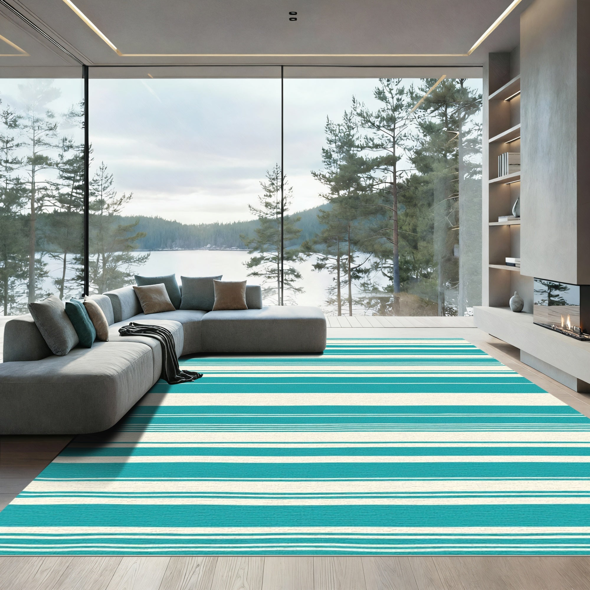 Ocean Teal Cream Stripe Rug