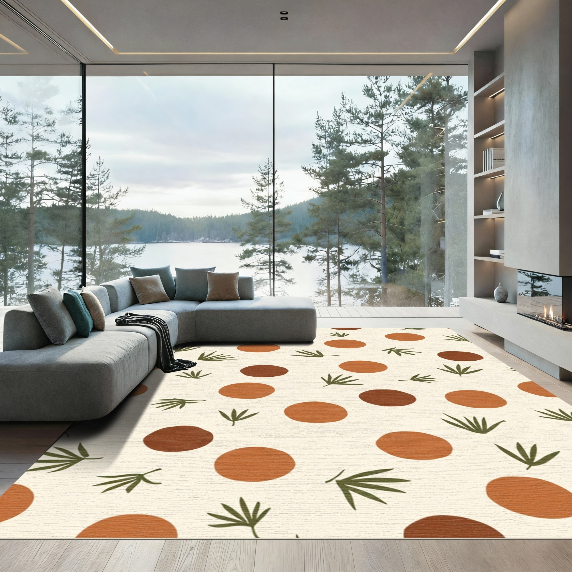 Earthy Circles and Leaflets Pattern Rug