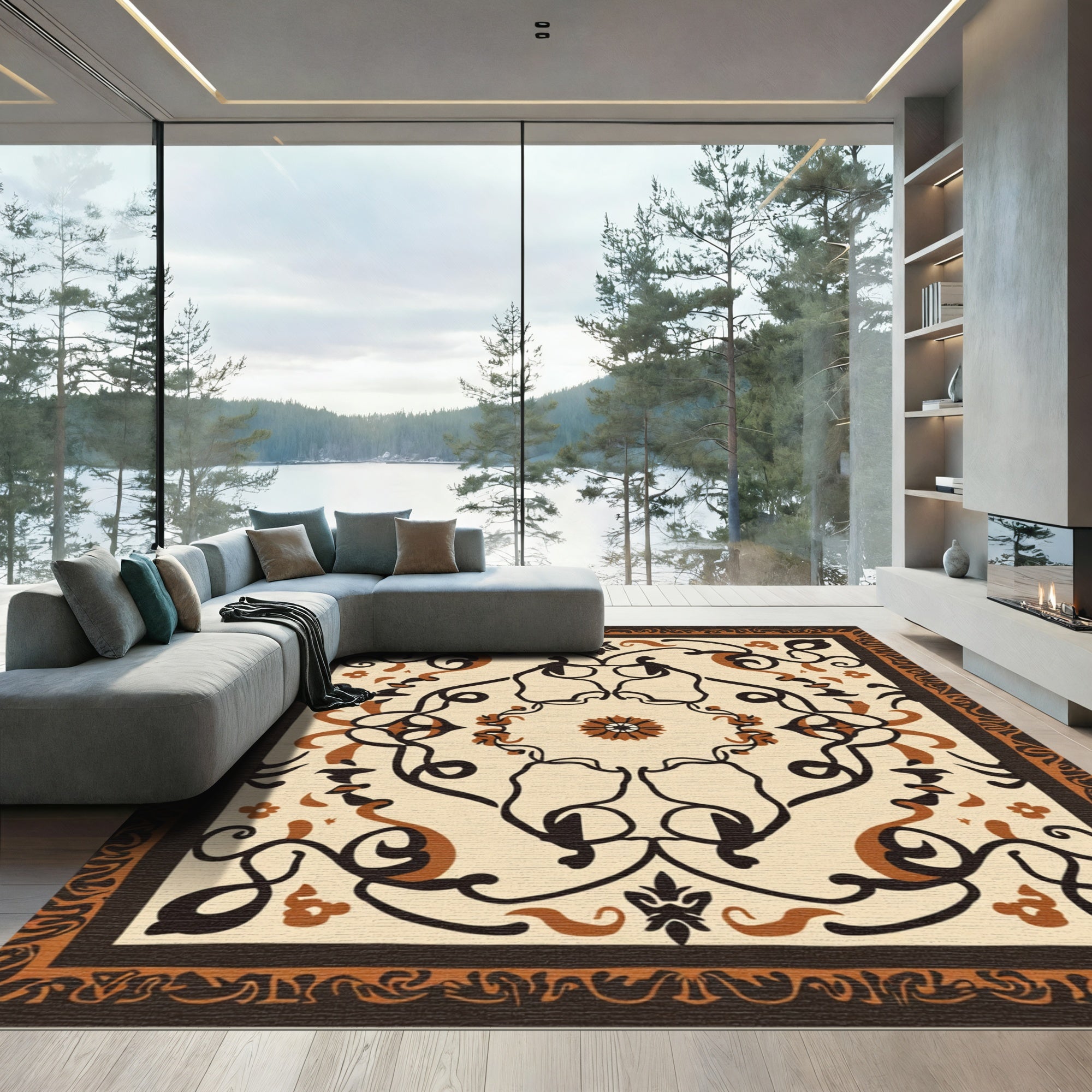 Intricate Floral Scrollwork Cream Brown Rug