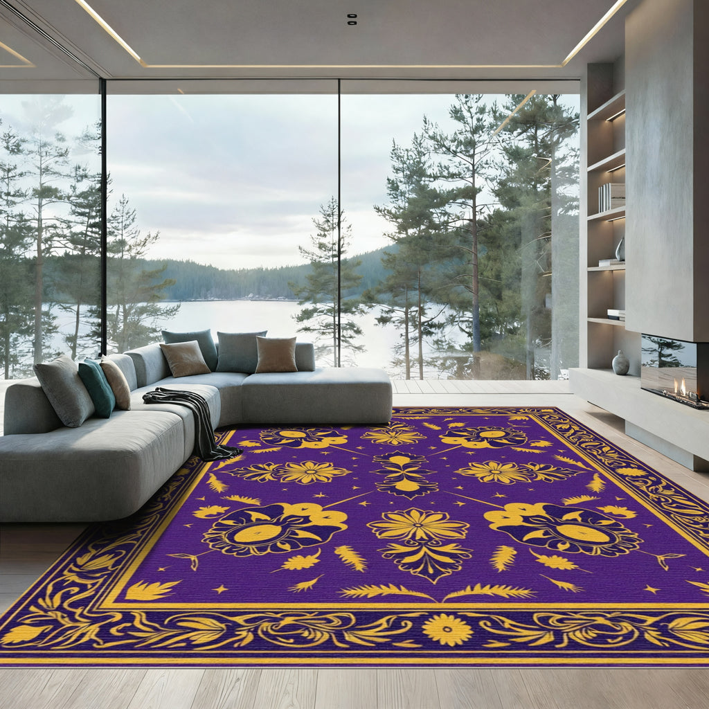 Regal Violet Gold Floral Scroll Rug