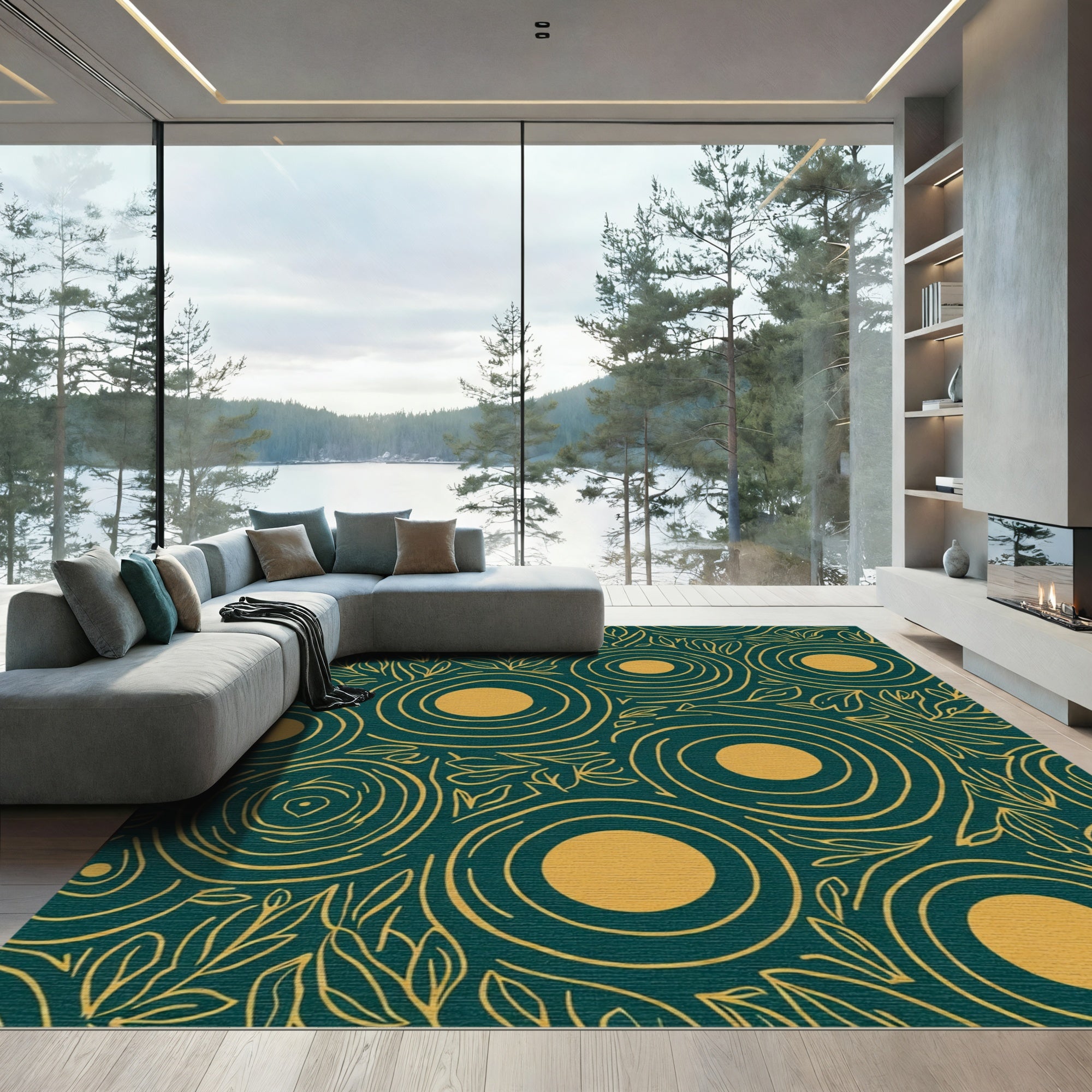 Deep Teal Gold Swirl Floral Abstract Rug
