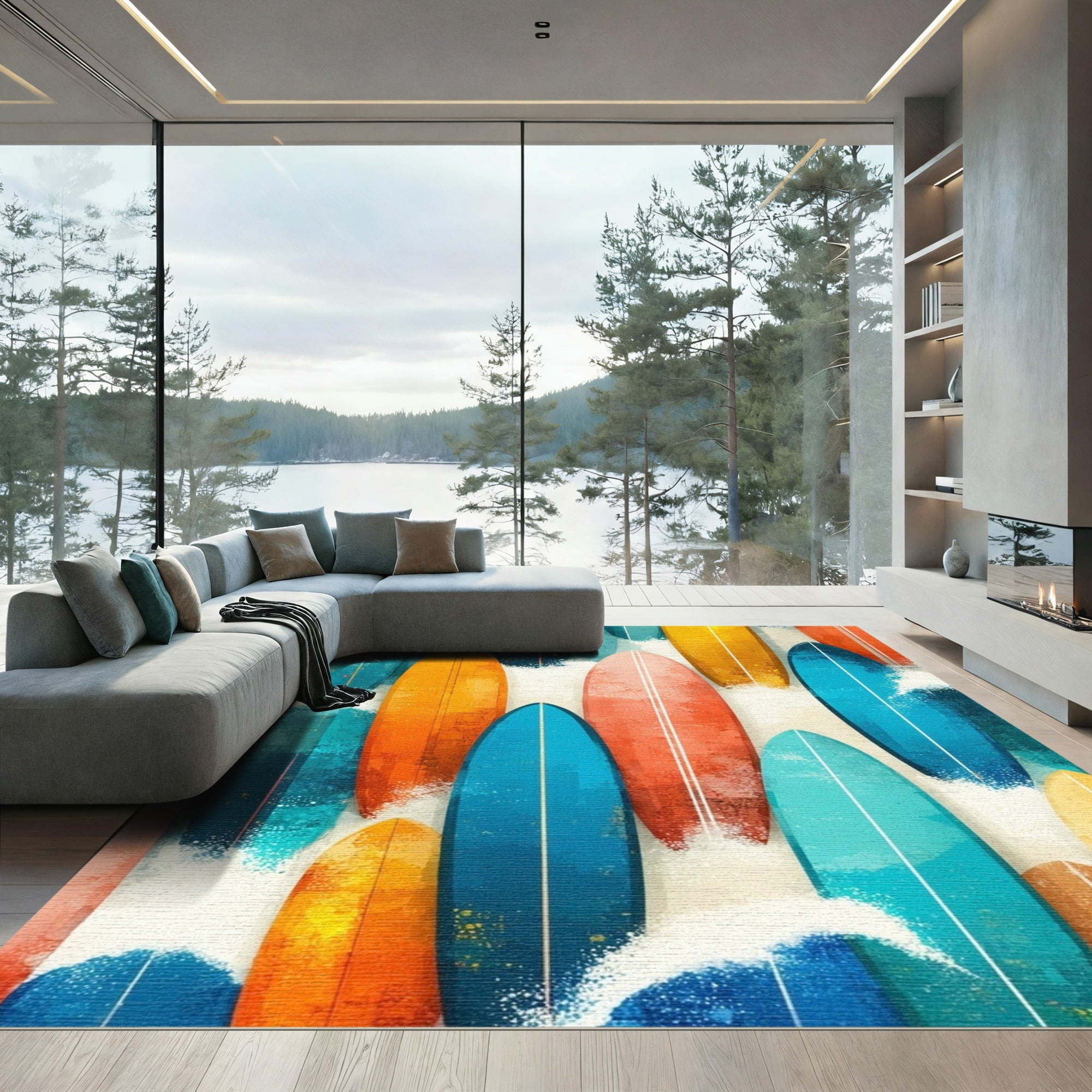Vibrant Surfboards Ocean Waves Splash Rug
