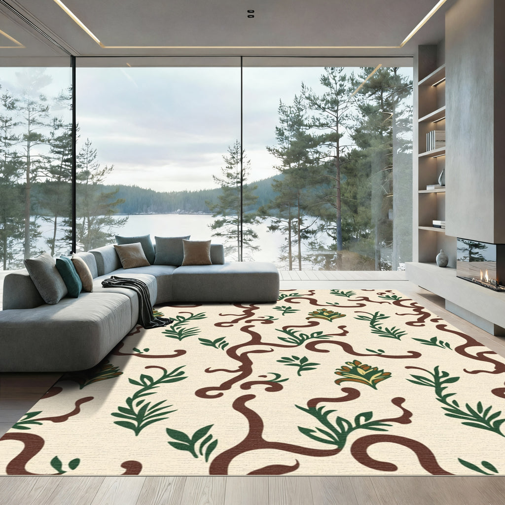 Cream Brown Green Vine Foliage Rug