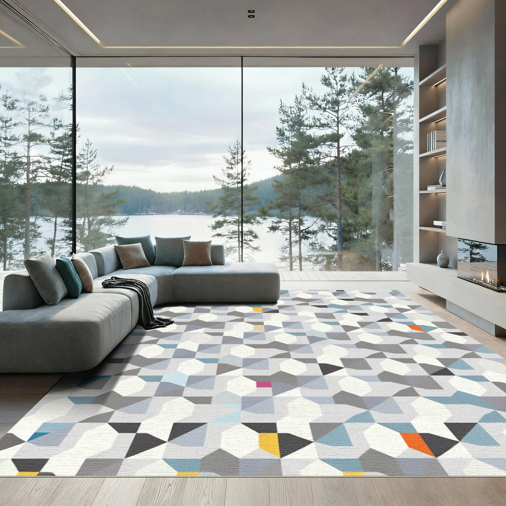 Geometric Abstract Blue Grey Accents Rug