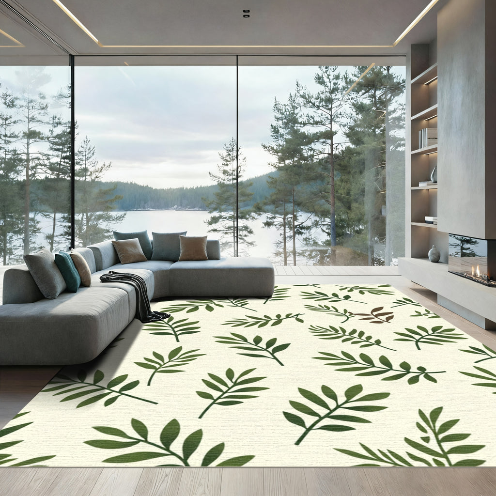 Olive Green Leafy Branches Botanical Rug
