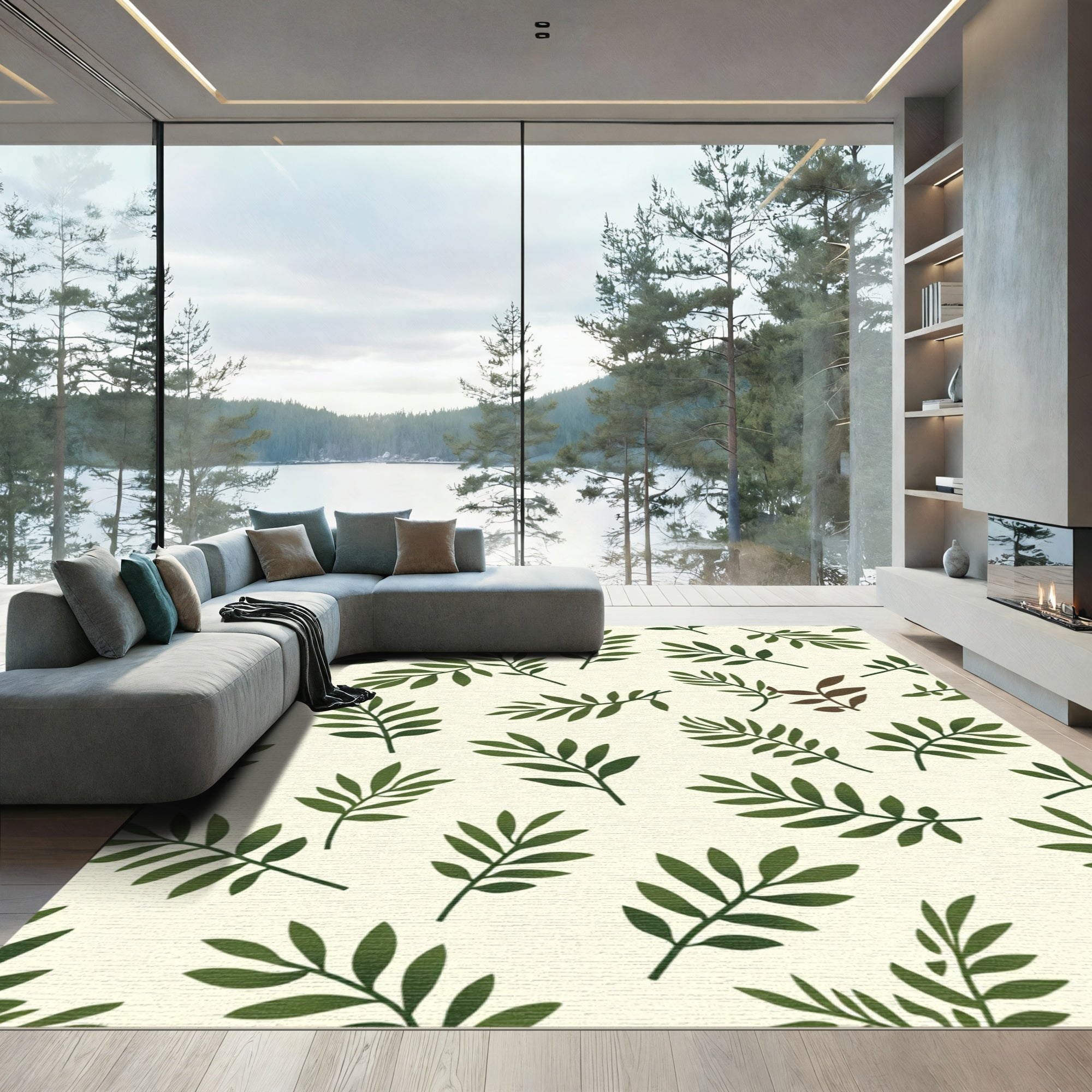 Olive Green Leafy Branches Botanical Rug