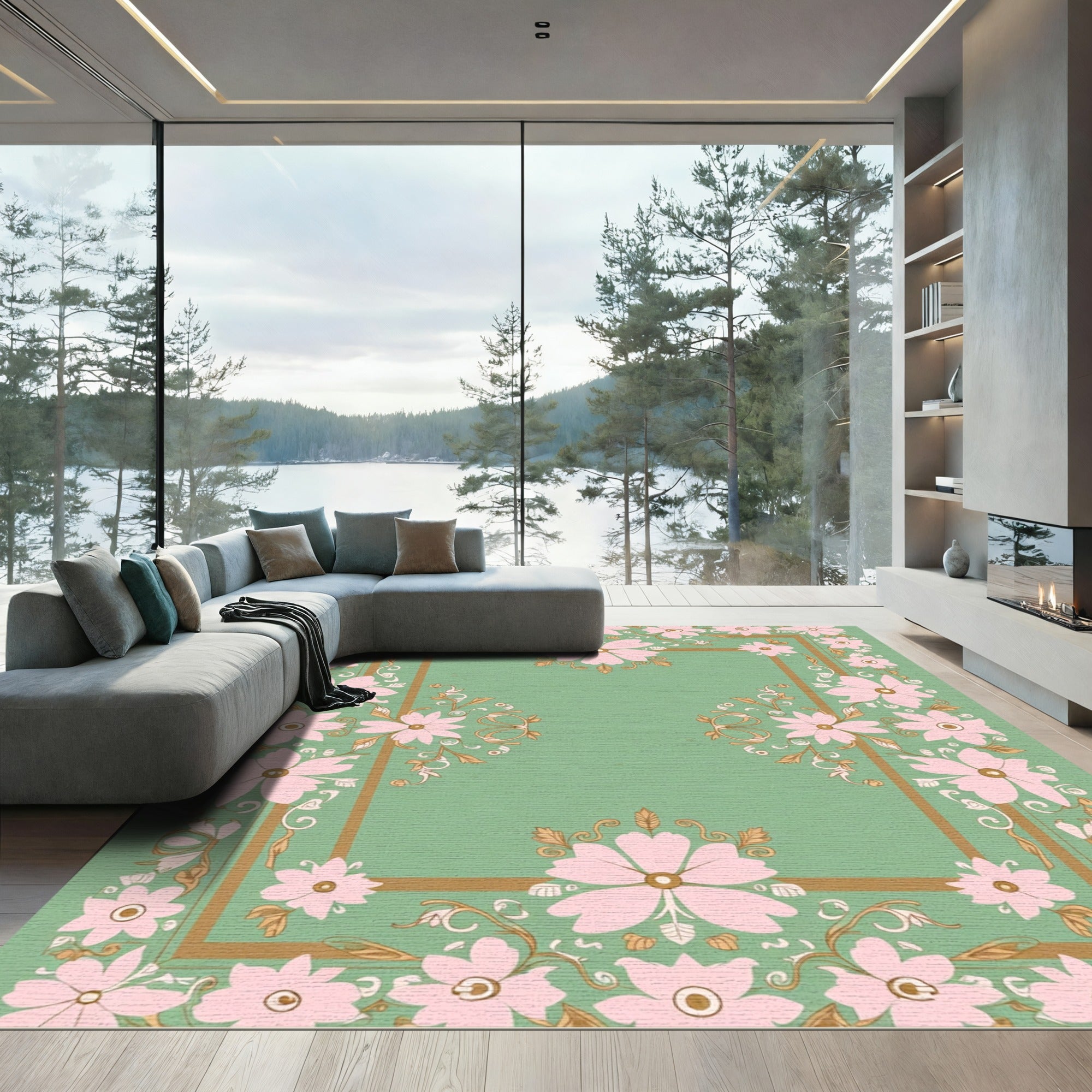Pastel Pink Floral Border Green Rug