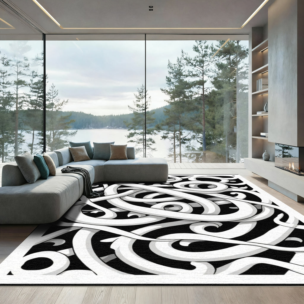 Dynamic White Abstract Intertwined Ribbons Rug