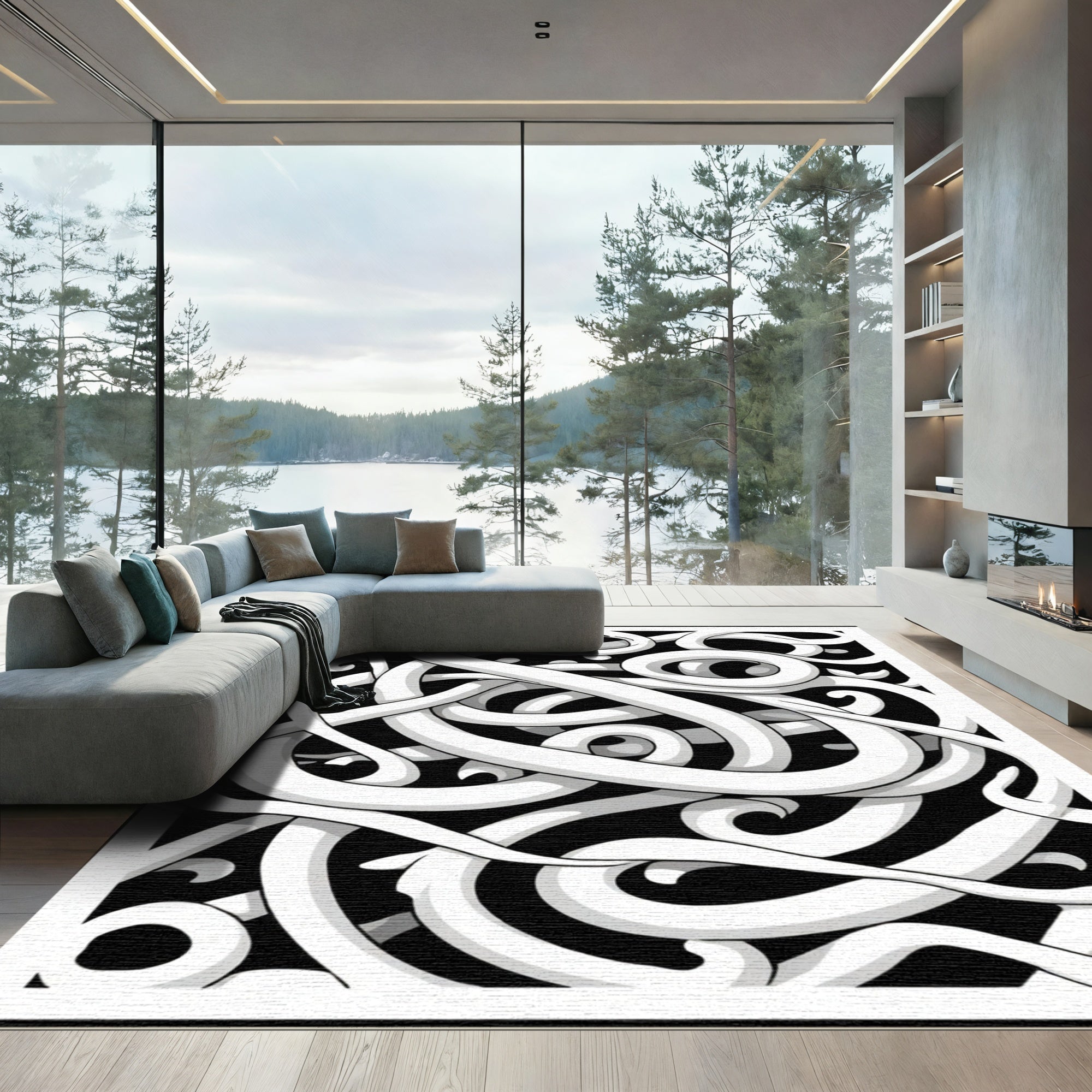Dynamic White Abstract Intertwined Ribbons Rug