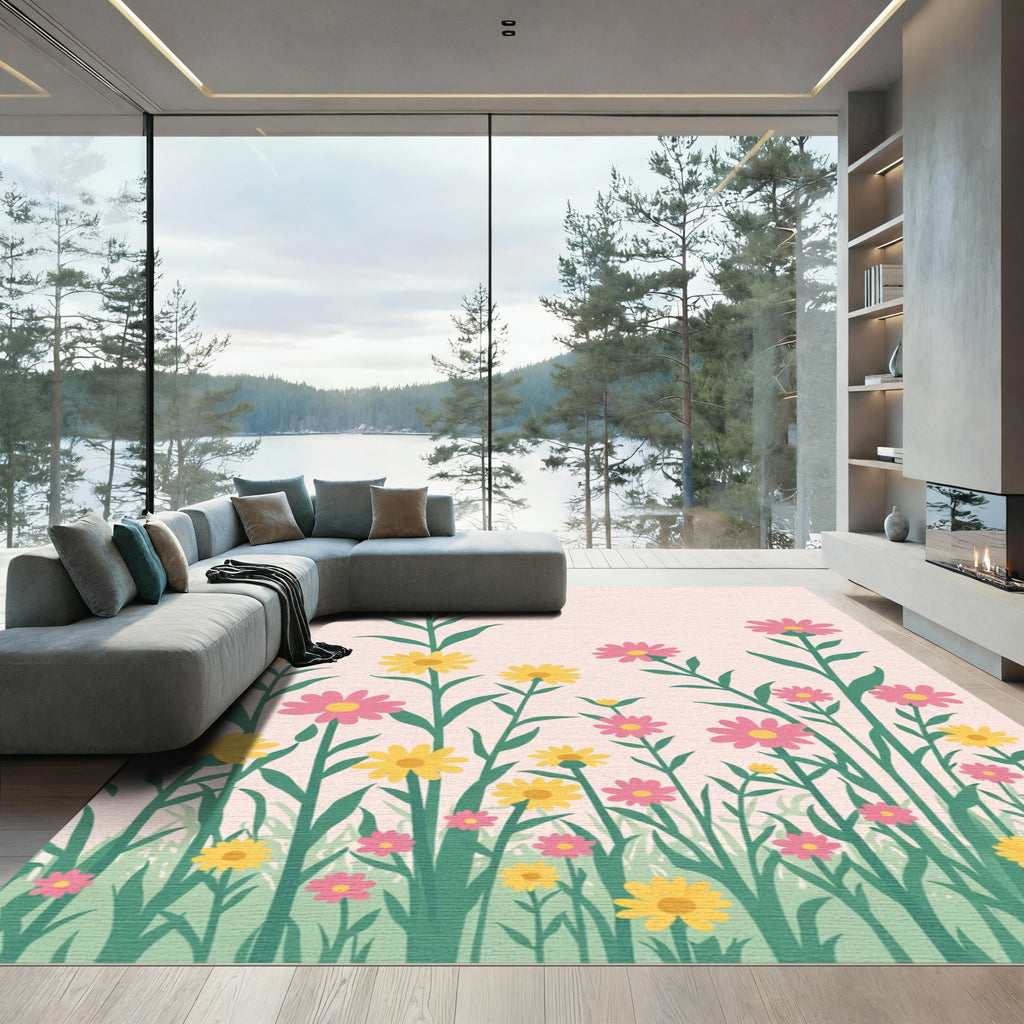 Yellow Pink Wildflower Meadow Scene Rug