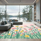Yellow Pink Wildflower Meadow Scene Rug