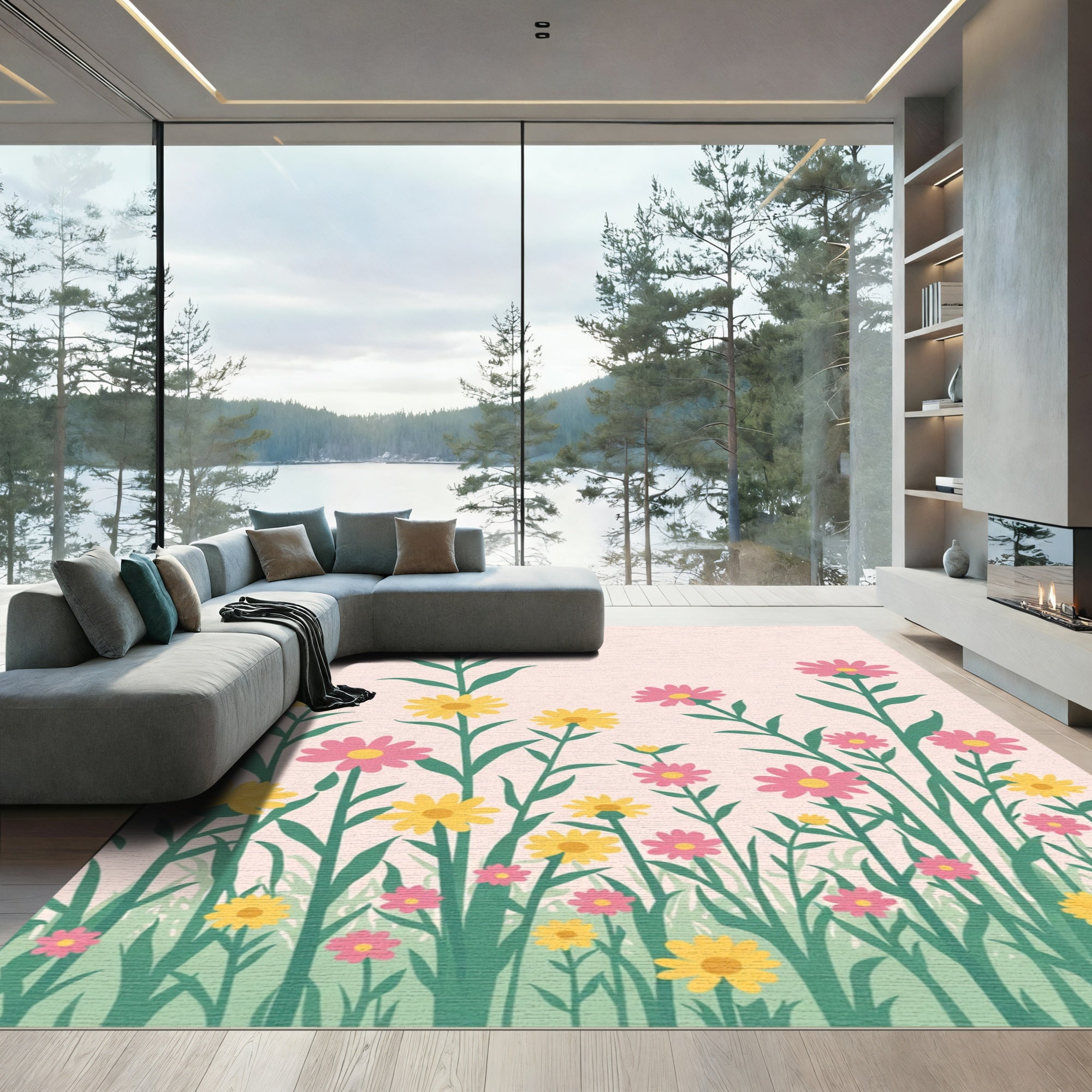 Yellow Pink Wildflower Meadow Scene Rug