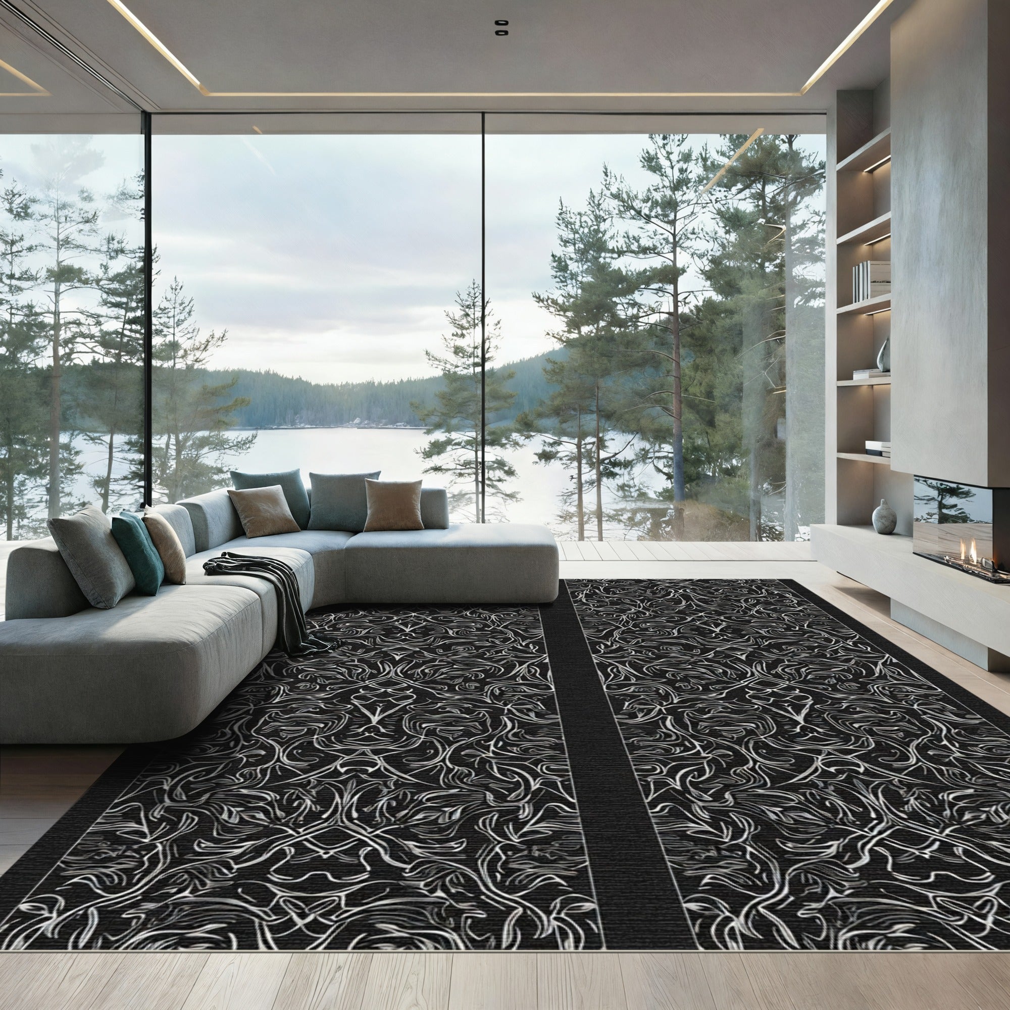 Black White Ornate Scrollwork Arrangement Rug