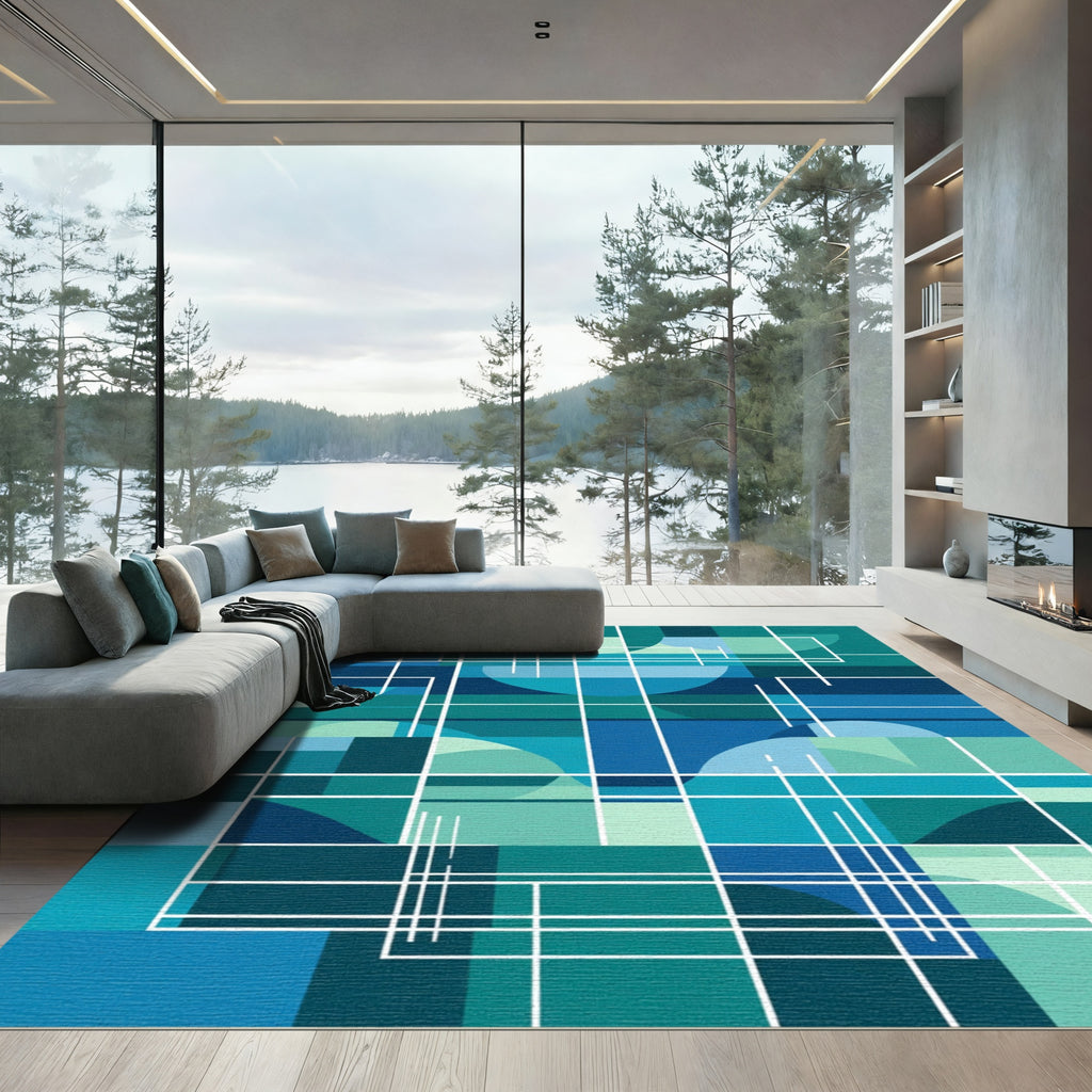 Blue Green Abstract Geometric Grid Rug