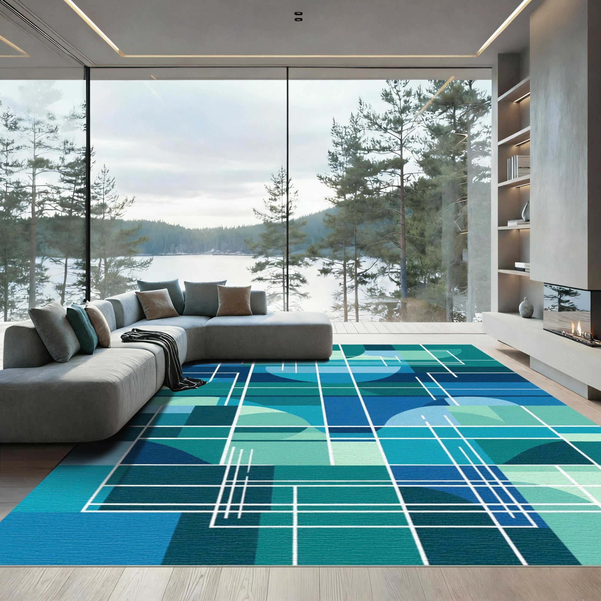 Blue Green Abstract Geometric Grid Rug