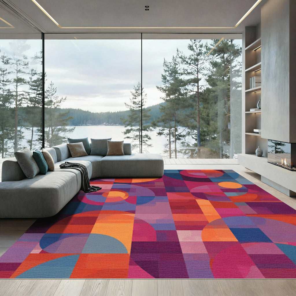 Vibrant Geometric Circles and Squares Rug