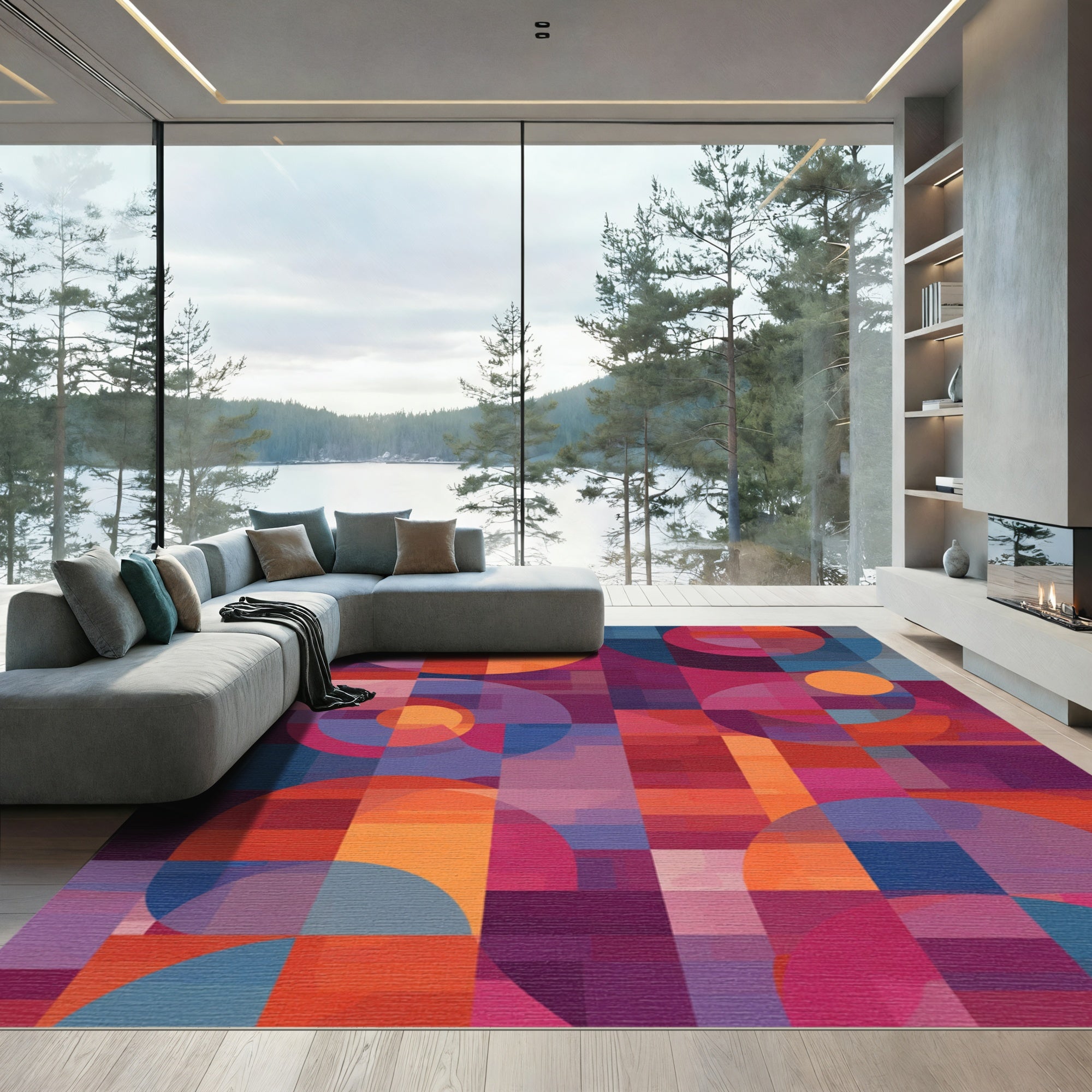 Vibrant Geometric Circles and Squares Rug