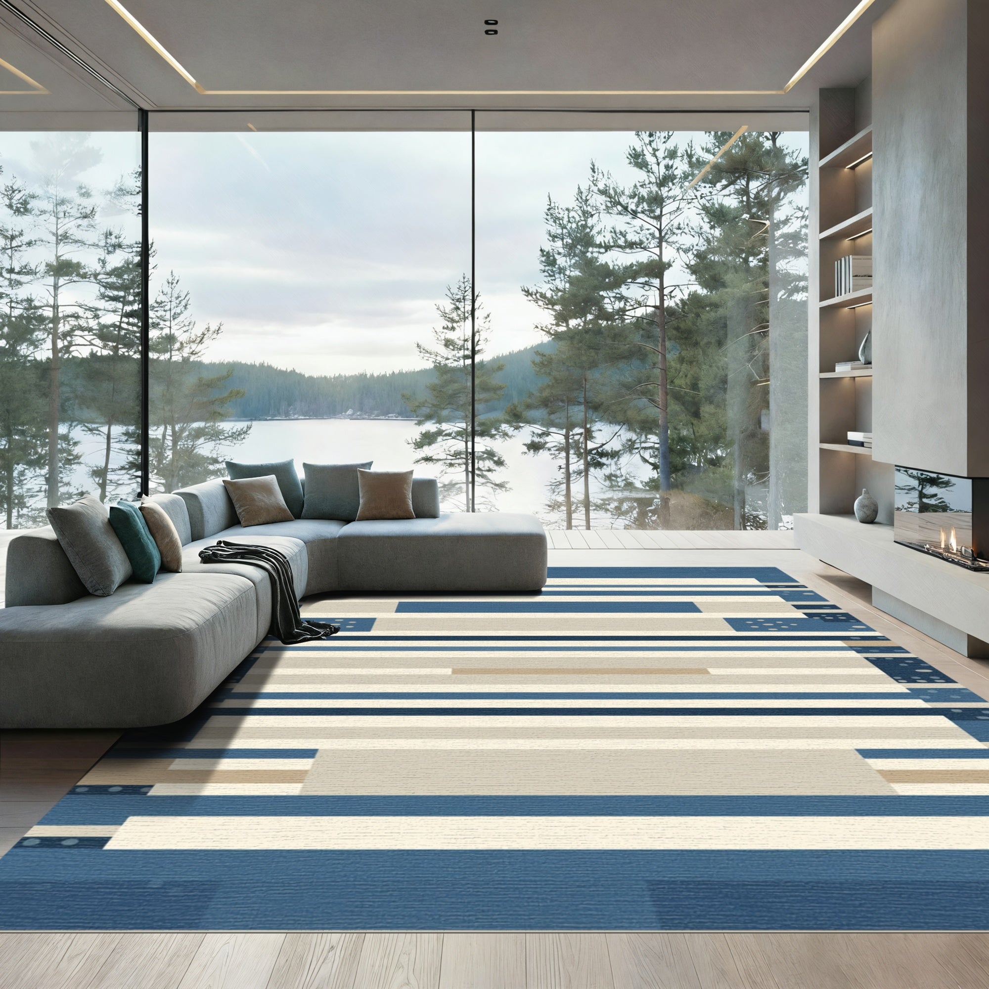Modern Blue Beige Horizontal Stripe Rug