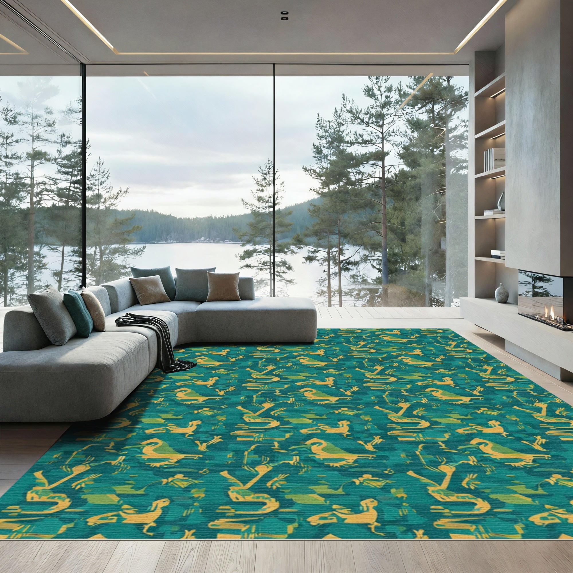 Teal Yellow Abstract Bird Silhouette Rug