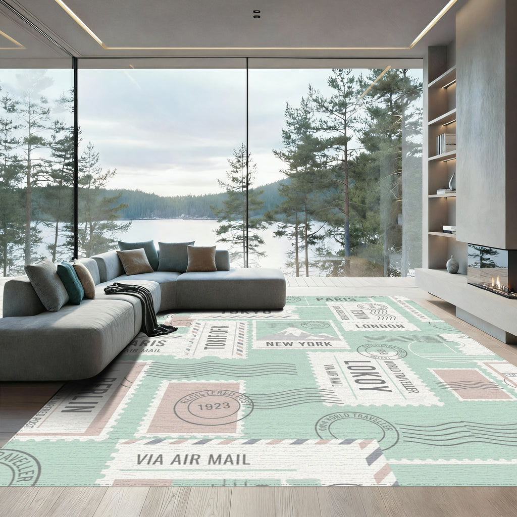 Vintage Travel Postmark Collage Square Rug