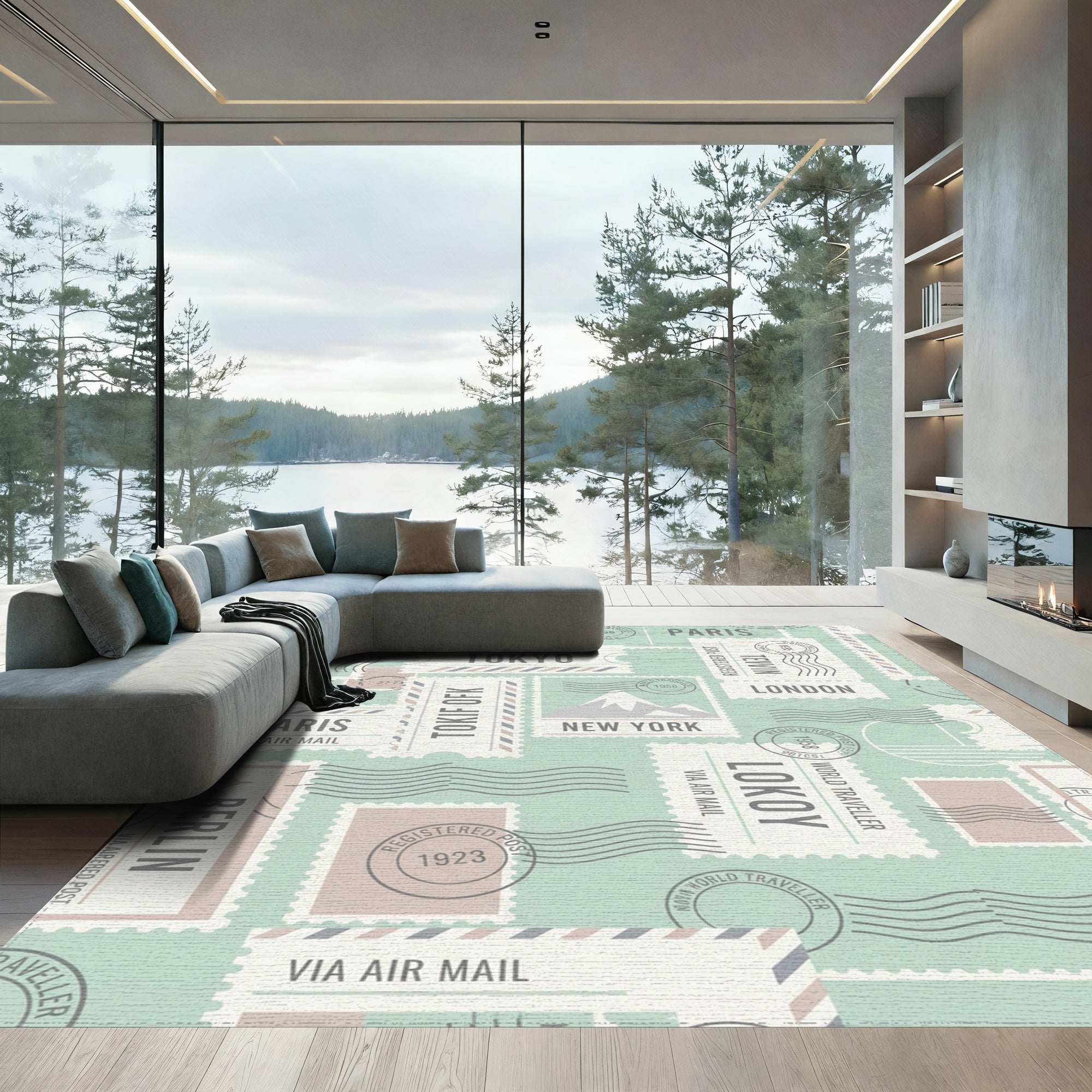 Vintage Travel Postmark Collage Square Rug