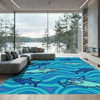 Blue Teal Sharks Ocean Waves Rug