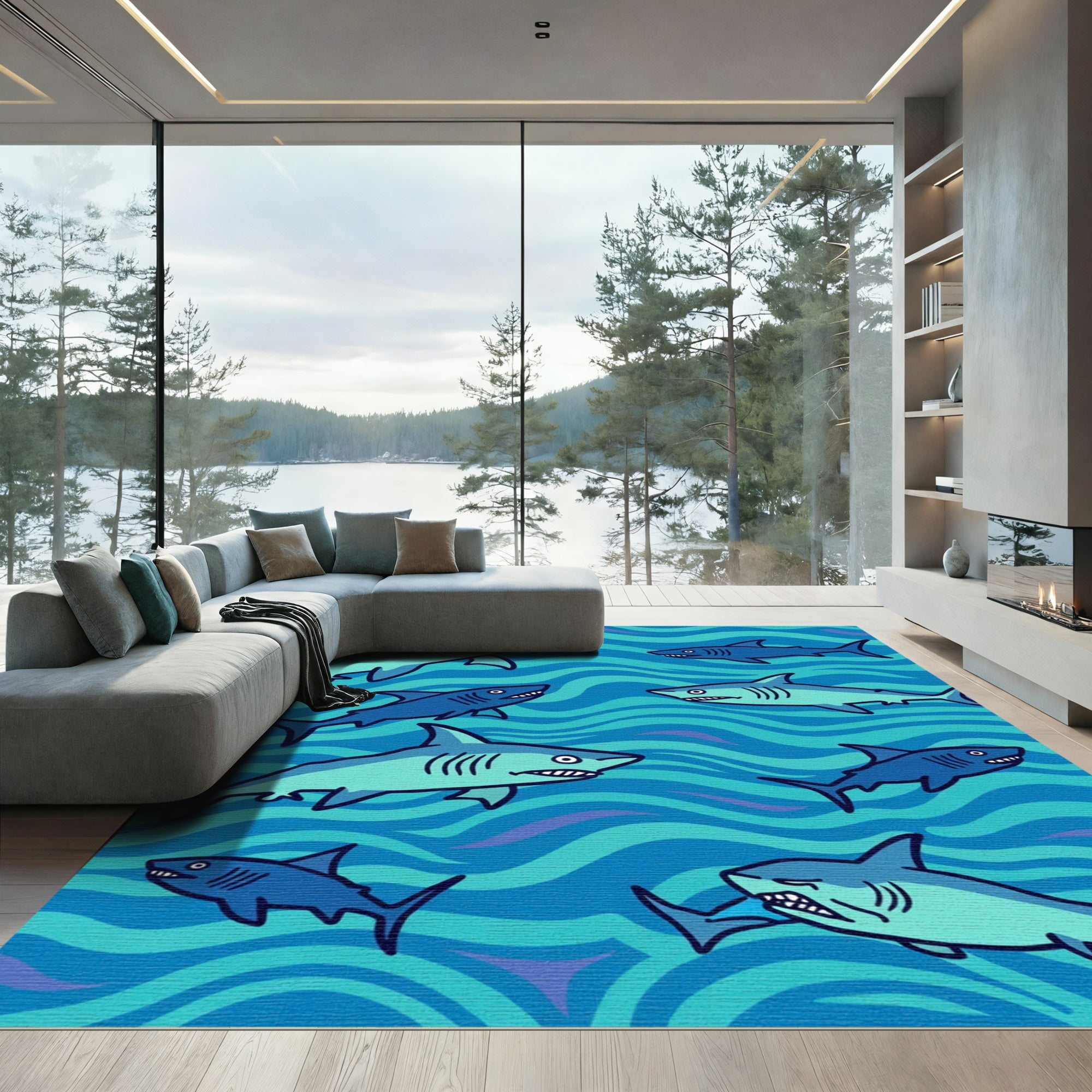 Blue Teal Sharks Ocean Waves Rug