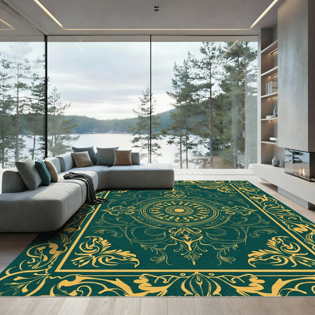 Ornate Teal Gold Floral Border Centerpiece Rug